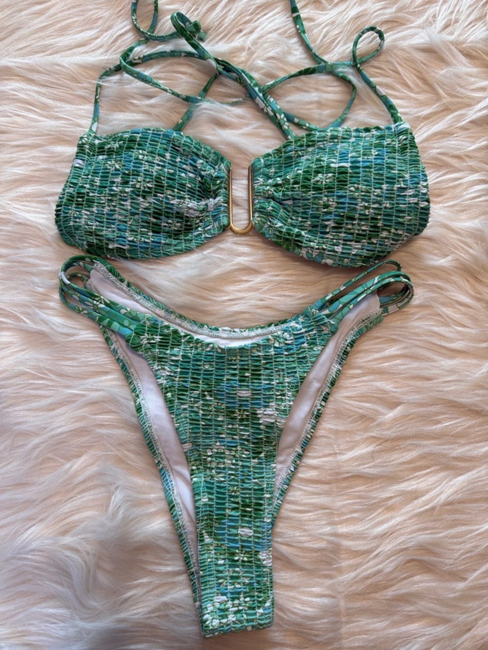 Green & White Crinkle Textured Smocked Bandeau Halter Style Bikini  XS